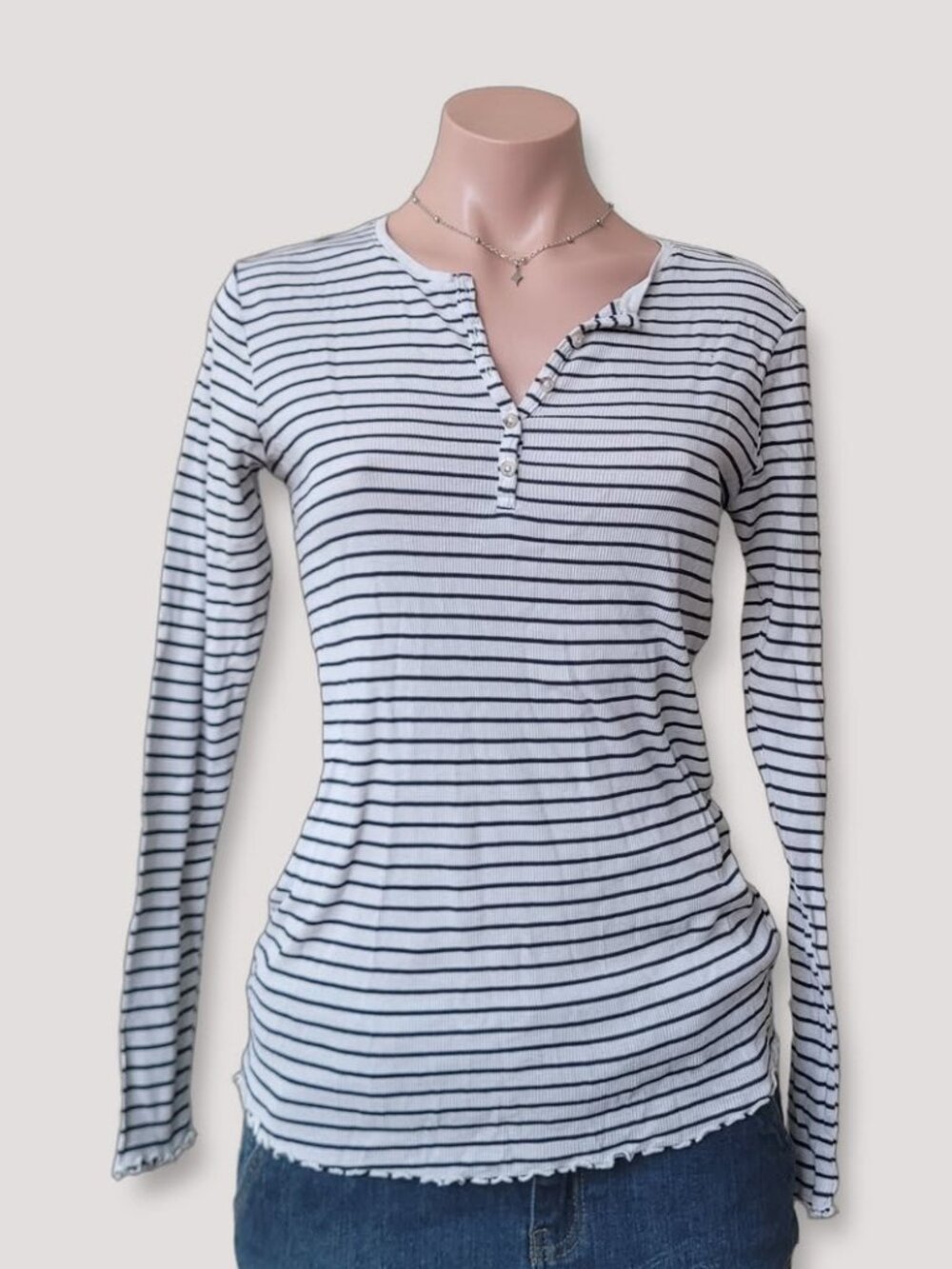 H&M Striped White Henley Long Sleeve Frill Basic T-Shirt M